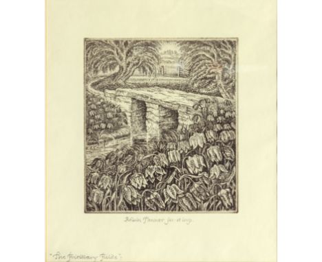 Robin Tanner (British, 1904-1988) 'The Fritillary Fields' etching, signed and titled in pencil, a handwritten letter from the