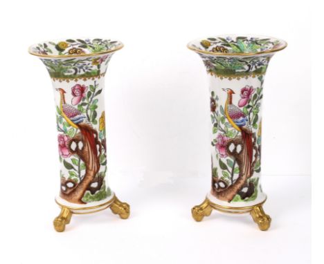 A pair of Copelands Spode porcelain trumpet vases - early 20th century, dark green printed and red painted factory marks, pat