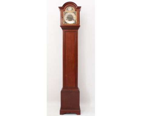 A mahogany cased quarter striking grandmother clock, mid-20th century - the arched brass 'Tempus Fugit' dial with Roman chapt