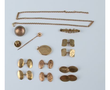 A small group of 9ct gold jewellery - including four pairs of cufflinks, all English hallmarked; a rose gold necklace, early 