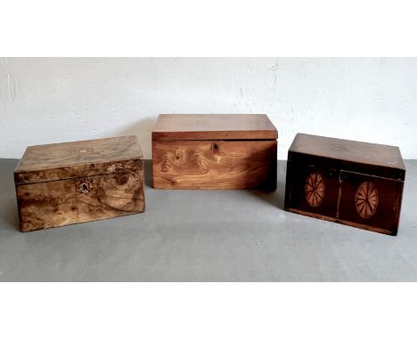 Three 19th century tea caddies for restoration - all rectangular form, one Regency period in fruitwood with inlaid paterae, 2