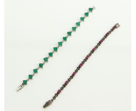 Two silver gem set bracelets - comprising a silver, ruby and marcasite bracelet, 18.5cm long; and a silver and green agate br