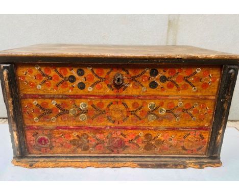 A 19th century Continental painted chest or trunk, probably Scandinavian - rectangular, polychrome painted with bands of styl