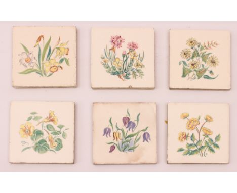 Rosalind Ord for Packard &amp; Ord: a set of six flower tiles - mid-1930s, each tile decorated with a different garden flower
