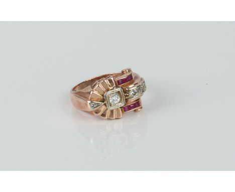 A vintage French Art Deco style 14ct rose gold, ruby and diamond ring - 1930s-40s, marked '14K C3 Hand Made', the decorative 