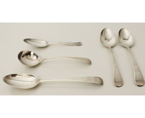 Five pieces of Georgian silver flatware - comprising a pair of George III OEP table spoons, Thomas Wallis (II) &amp; Jonathan