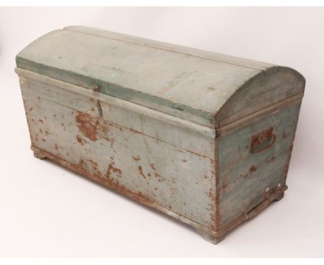 A 19th century painted pine dome-top trunk - in pale blue, with iron carrying handles, the interior with till (the lid a/f), 