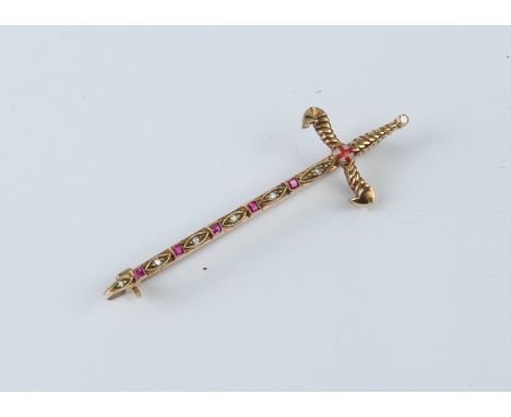 A 14ct yellow gold, enamel, ruby and diamond ceremonial sword brooch - first half 20th century, unmarked, tests as 14ct, the 