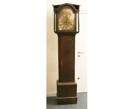 A late 18th century Scottish eight day oak longcase clock, requiring restoration - the arched brass dial signed to the arch '