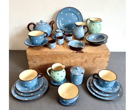 A small collection of Babbacombe Pottery Torquay tea ware - mid-20th century, in cream and blue spotted glaze, printed factor