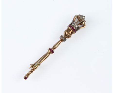 A 9ct gold, ruby and diamond sceptre brooch - first half 20th century, unmarked, tests as 9ct, the two-colour gold sceptre se