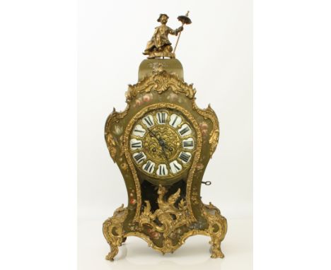 A French Louis XV style green-lacquer rococo bracket clock and matching clock bracket - the 6in brass dial decorated with fol