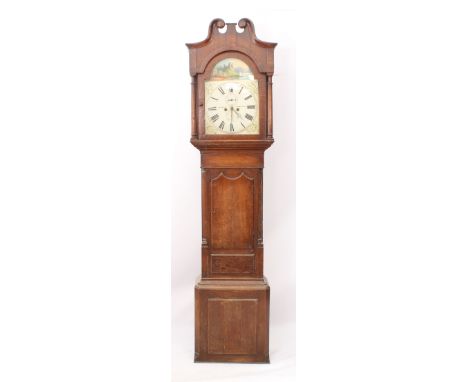 An early 19th century oak eight-day longcase clock by Pearce of Stratford - the signed, painted arched Roman dial with subsid