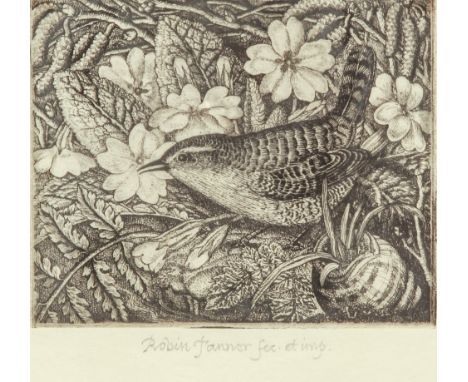 Robin Tanner (British, 1904-1988) 'Wren & Primroses' etching, signed, titled and dedicated to lower margin, "This impression 