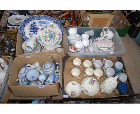 Four boxes of china including Minton cups, saucers, Royal Worcester bacchanal jug, Masons plates etc.