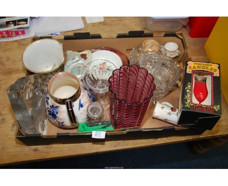 A box of miscellaneous glass and china including Goebel paperweight etc.