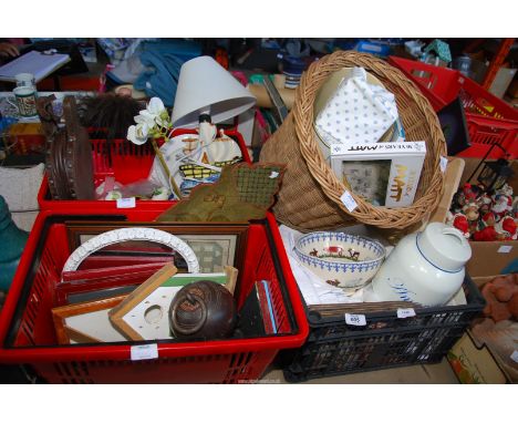 A lamp, china, photo frames, door stops, wicker basket, storage jar etc.