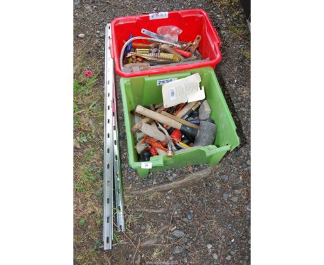 Two boxes of builders tools, hammers, saws, plumbing kit etc.
