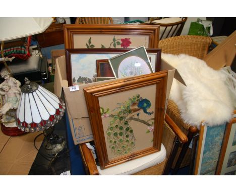 A table lamp and a box of pictures including wild birds, embroidery etc.