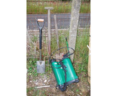 A knapsack Handy Sprayer, stainless steel spade, fork, etc.,