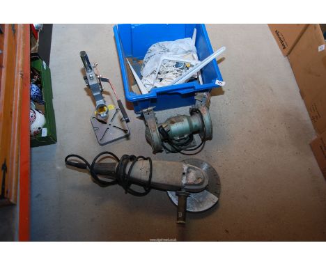 A 9'' angle grinder (for repairs), bench grinder (*works, but no guard), electric drill stand, shelf brackets, etc.