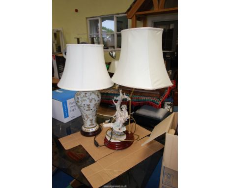 Two table lamps and shades, one lamp being Capodimonte.