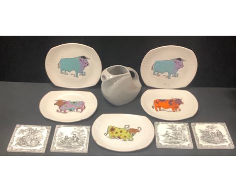A set of four Minton China works Watteau tiles, Sea Saw, Violinist etc, c.1880;  American Fiesta jug; five English Ironstone 