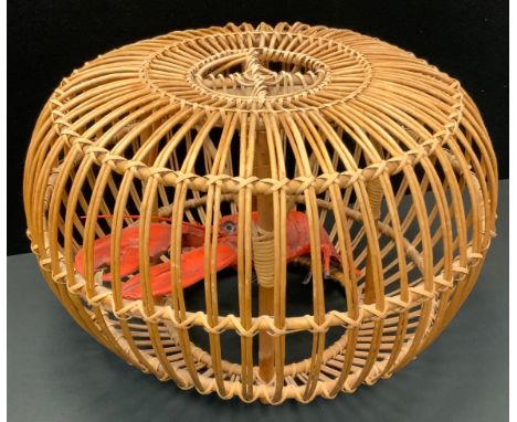 A Franco Albini inspired Wicker work lobster pot, 42cm x 62cm, complete with realistic life size model of a lobster 
