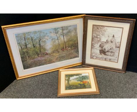 L K Devereux, Horse of the Fence, signed, sketch, 40cm x 30cm;  James Wright, by and after, Traction Engine Felling the Trees