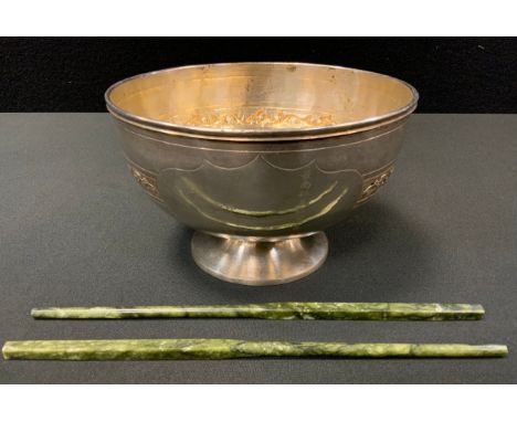 A Chinese white metal bowl, textured body embossed with floral collar, character signed cartouche, unmarked, 9.54cm high, 15.