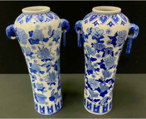 A pair of contemporary Chinese blue and white tapering vases, Elephant and ring loop handles, 41cm high (2) 