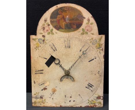 A 19th century longcase clock dial and movement, arched painted dial with figural panel top, floral corners, Roman numerals, 