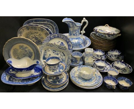 Blue and White - 19th century transfer printed plates, teacups, flow blue plate;  wash jugs;  willow pattern plates;    Old B