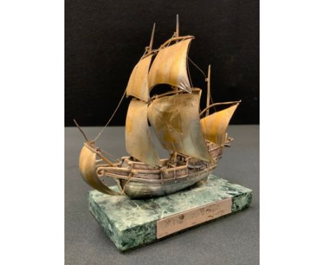 A silver model Sailing Ship, the three mast at full sail, Birmingham 1979, stone plinth 