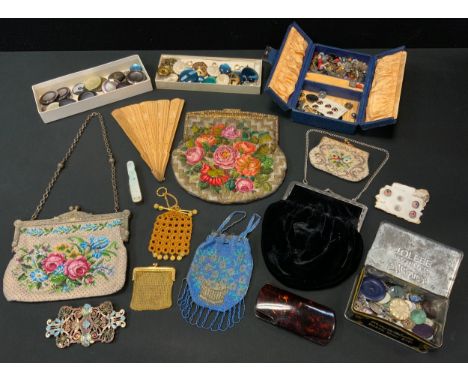 Fashion &amp; Textiles - a 19th century multicoloured metal chain mesh evening bag, green and grey flowers, blue ground, draw