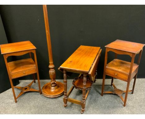 A George III mahogany wash stand, square top, under tier with single drawer; another similar; an Edwardian mahogany drop-leaf