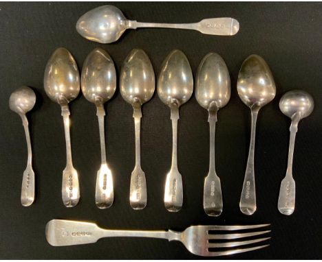 A George III silver dinner fork, London 1819;  pair of Victorian mustard spoons, London 1842;  others assorted 6.50ozt (10) 