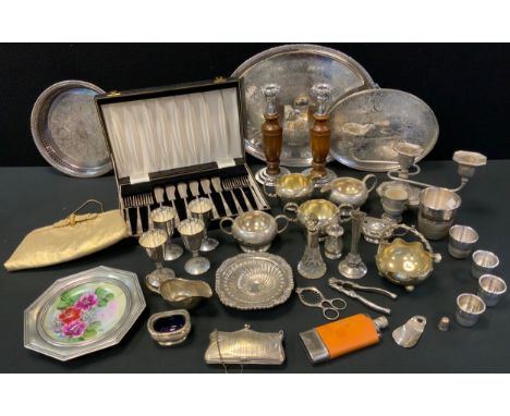 Silver &amp; Silverplate - a silver bud vase, Birmingham 1977;  scoop bowl caddy spoon etc;  candelabra; bowls, six setting f