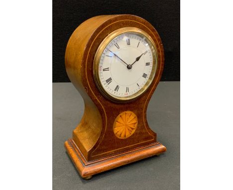 An Edwardian inlaid mahogany balloon timepiece, white dial, bold Roman numerals, manual wind French movement, brass feet, c.1
