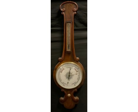 A Victorian mahogany banjo barometer thermometer, white and silver scales, 102cm high 