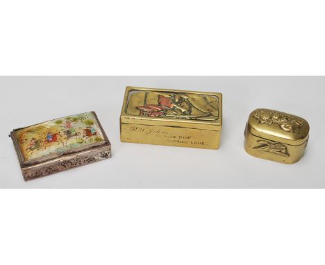 A group of three 20th Century snuff / pill pots to include a heavy brass rectangular example having a embossed worrier atop t