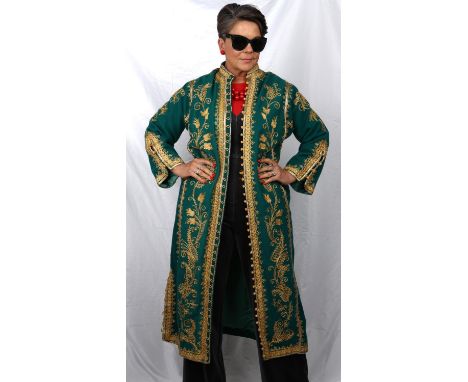 A vintage handcrafted wool-felt green Djellaba or Abaya tunic with hand- stitched gold metallic embroidery and green satin li