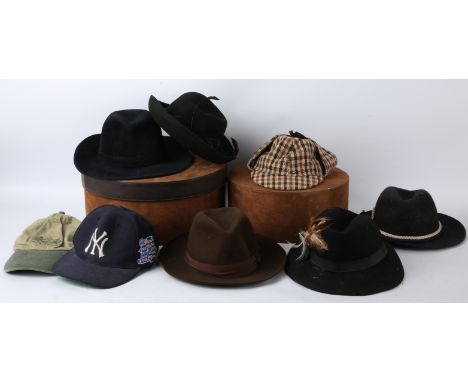 A collection of ladies and gentleman's hats in two hat boxes (one without a lid) 9 X baseball caps (including PAUL SMITH and 