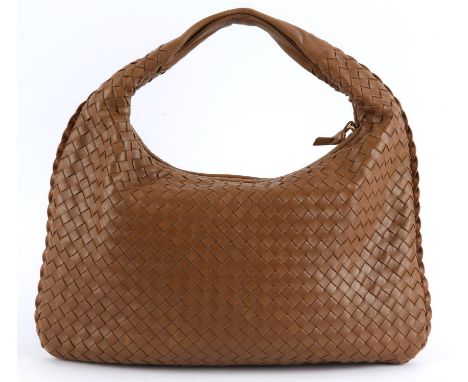 BOTTEGA VENETA Coffee-brown iconic woven soft calf leather zipped handbag with mirror. Italian made. (16.5" x 10" x 1.5")Cond