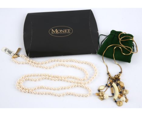 MONET 1980s vintage costume pearls. A string of simulated pearls 54" in original packaging. Together with a 1970s bohemian-st