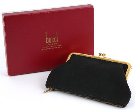 GUCCI * A 1950s/60s black silk evening purse, black satin-lined with gold coloured hardware. Closes with a top kiss-lock and 