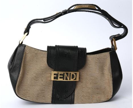 FENDI A small black leather and tan canvas handbag with burnished gold coloured hardware (Approx. measurements: height 5" x w