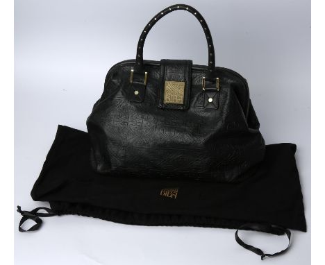BIBA  A modern black leather logo-print gladstone-style handbag with gold coloured hardware and dust bag (Approx. measurement