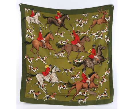 HERMES silk scarf. RARE 1959 original first and only edition "La Poursuite" designed by Jean-Louis Clerc. 90cm square in an o