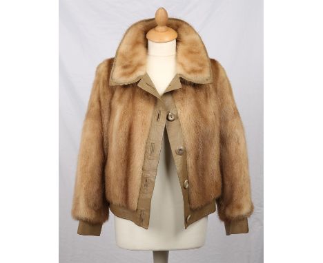 MINK vintage fur jacket, bespoke-made in dark blonde real fur with toffee coloured leather front panel and cuffs. Late 1970s 